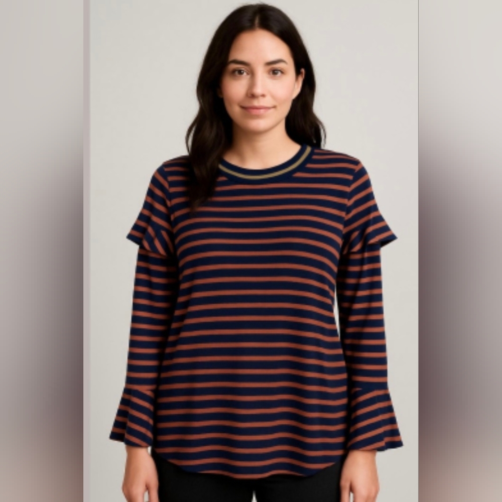 Vevert Navy and Rust Striped Ruffle Sleeve Top with Gold Trim